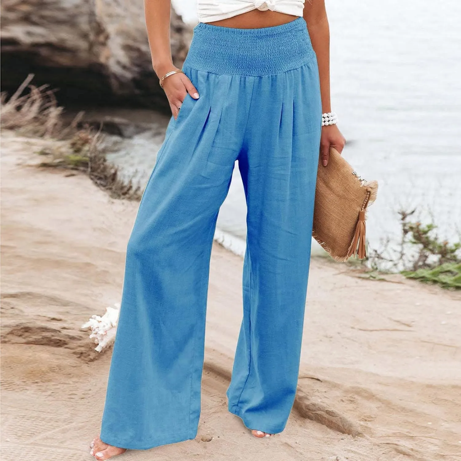 LCMTWX Palazzo Pants Leg Palazzo Pants for Women Smocked Elastic Waist Loose Comfy Casual Pajama Pants Pockets Beach Pants