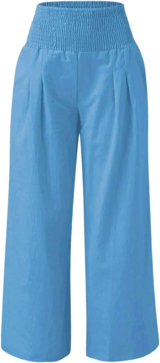 LCMTWX Palazzo Pants Leg Palazzo Pants for Women Smocked Elastic Waist Loose Comfy Casual Pajama Pants Pockets Beach Pants