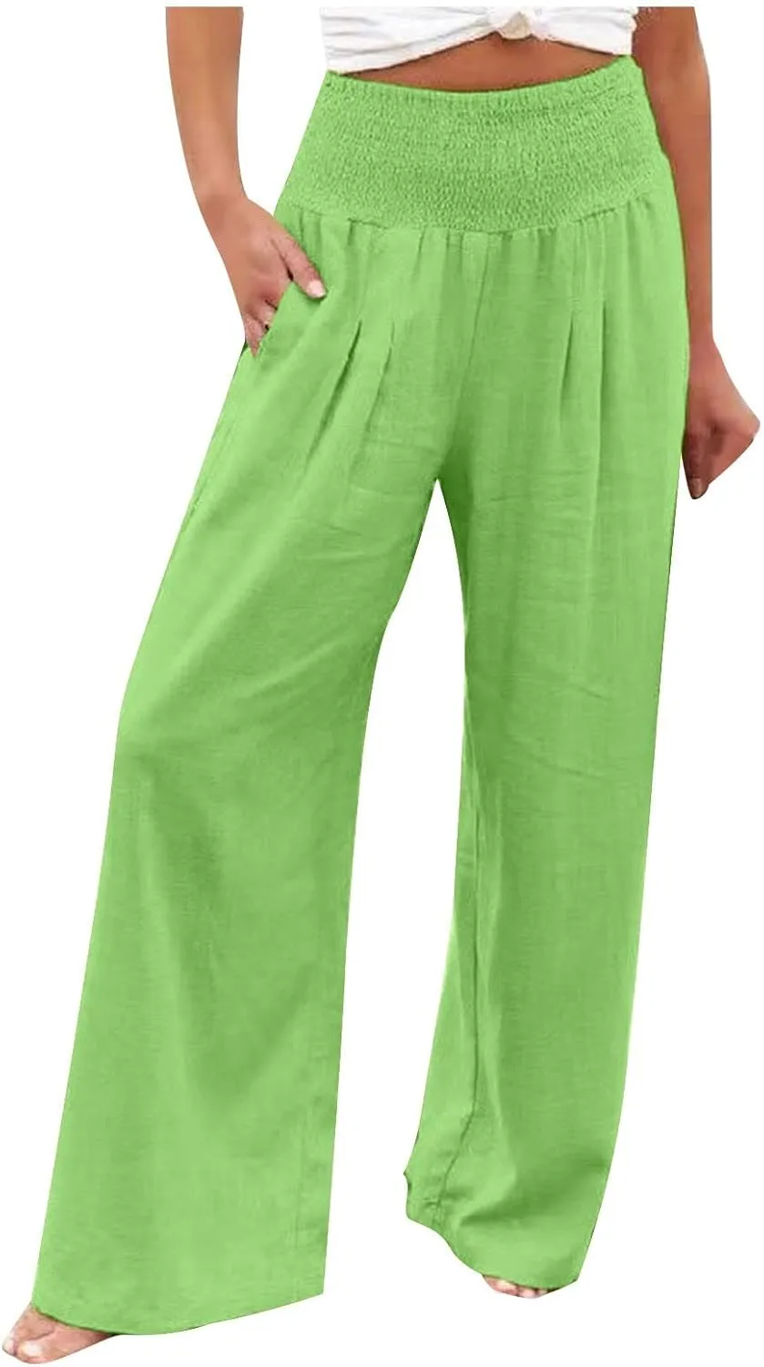 LCMTWX Palazzo Pants Leg Palazzo Pants for Women Smocked Elastic Waist Loose Comfy Casual Pajama Pants Pockets Beach Pants