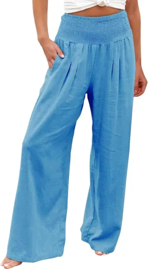 LCMTWX Palazzo Pants Leg Palazzo Pants for Women Smocked Elastic Waist Loose Comfy Casual Pajama Pants Pockets Beach Pants