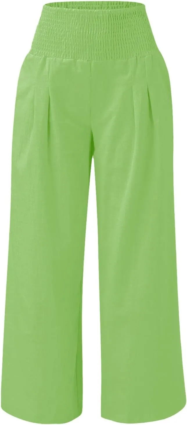 LCMTWX Palazzo Pants Leg Palazzo Pants for Women Smocked Elastic Waist Loose Comfy Casual Pajama Pants Pockets Beach Pants