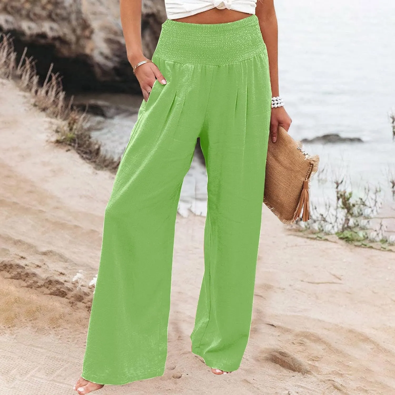 LCMTWX Palazzo Pants Leg Palazzo Pants for Women Smocked Elastic Waist Loose Comfy Casual Pajama Pants Pockets Beach Pants