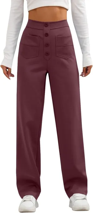 lcyhony Wide Leg Dress Pants for Women High Waisted Buttons Business Casual Pants Y2k Baggy Comfy Trousers Pants with Pockets