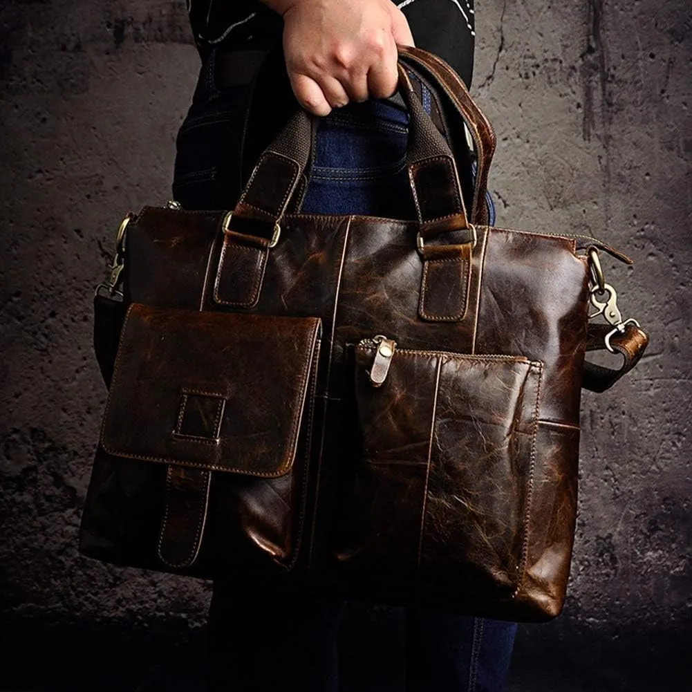 Leather Briefcase for Men Computer Bag Laptop Bag Waterproof Retro Business Travel Messenger Bag for Men Large Tote