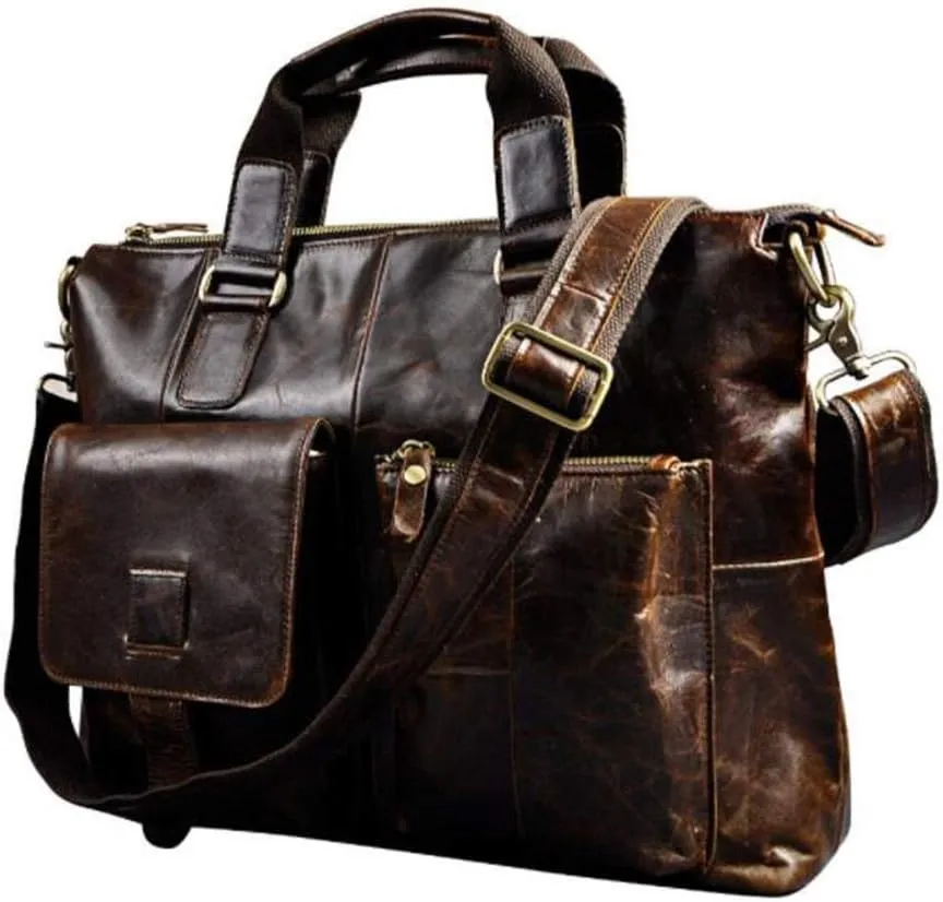 Leather Briefcase for Men Computer Bag Laptop Bag Waterproof Retro Business Travel Messenger Bag for Men Large Tote