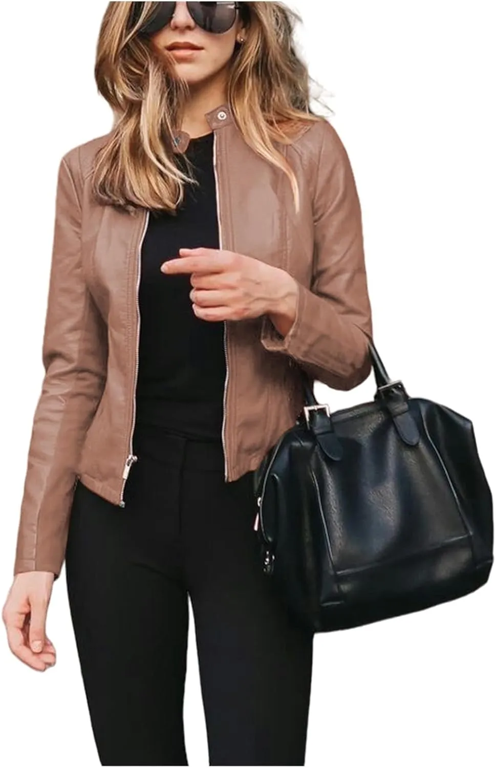 Leather Jacket for Women 2024 Fall Cropped Zip Up Motorcycle Jacket Lightweight Slim Solid Color Coat Outwear