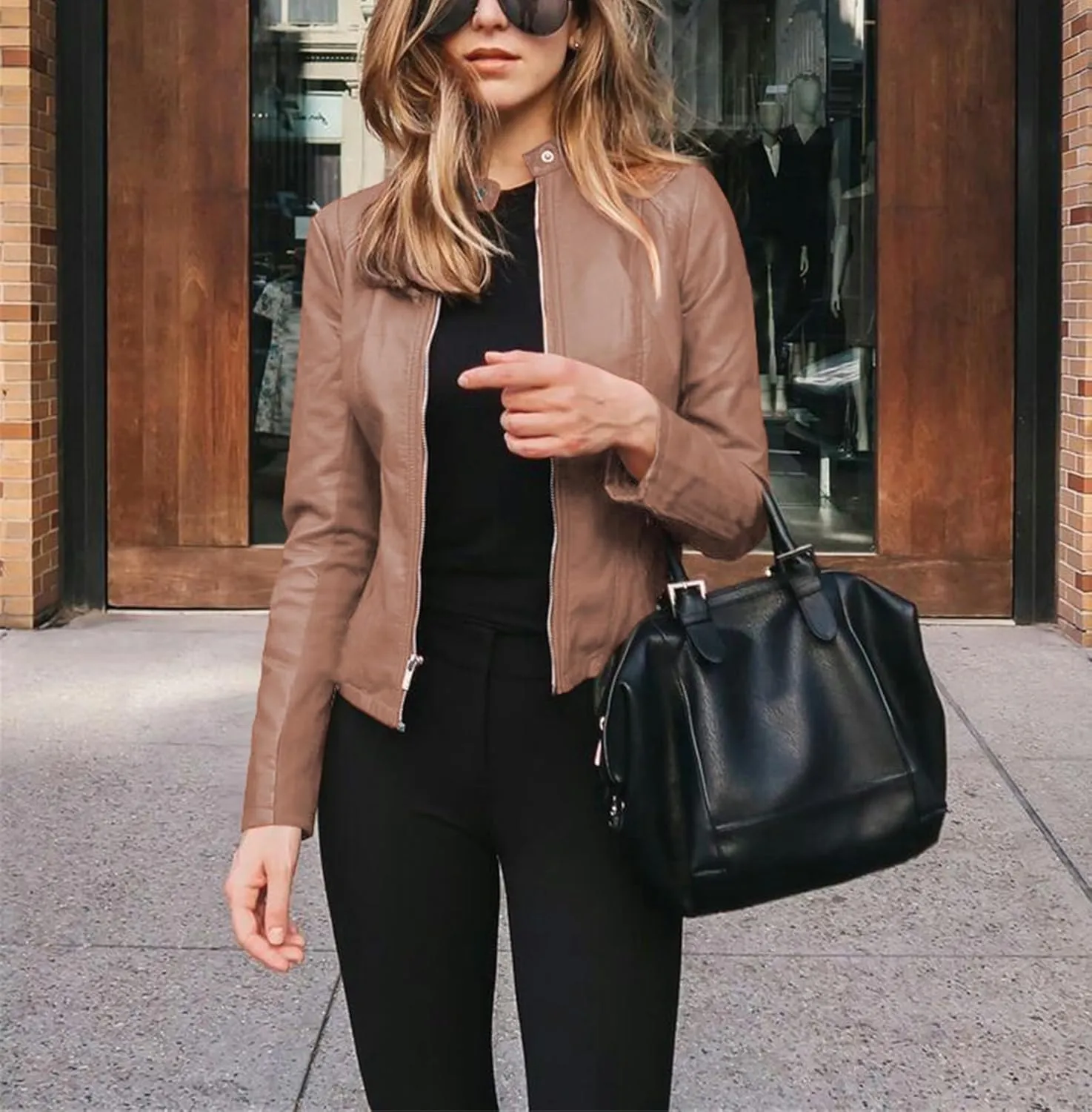 Leather Jacket for Women 2024 Fall Cropped Zip Up Motorcycle Jacket Lightweight Slim Solid Color Coat Outwear