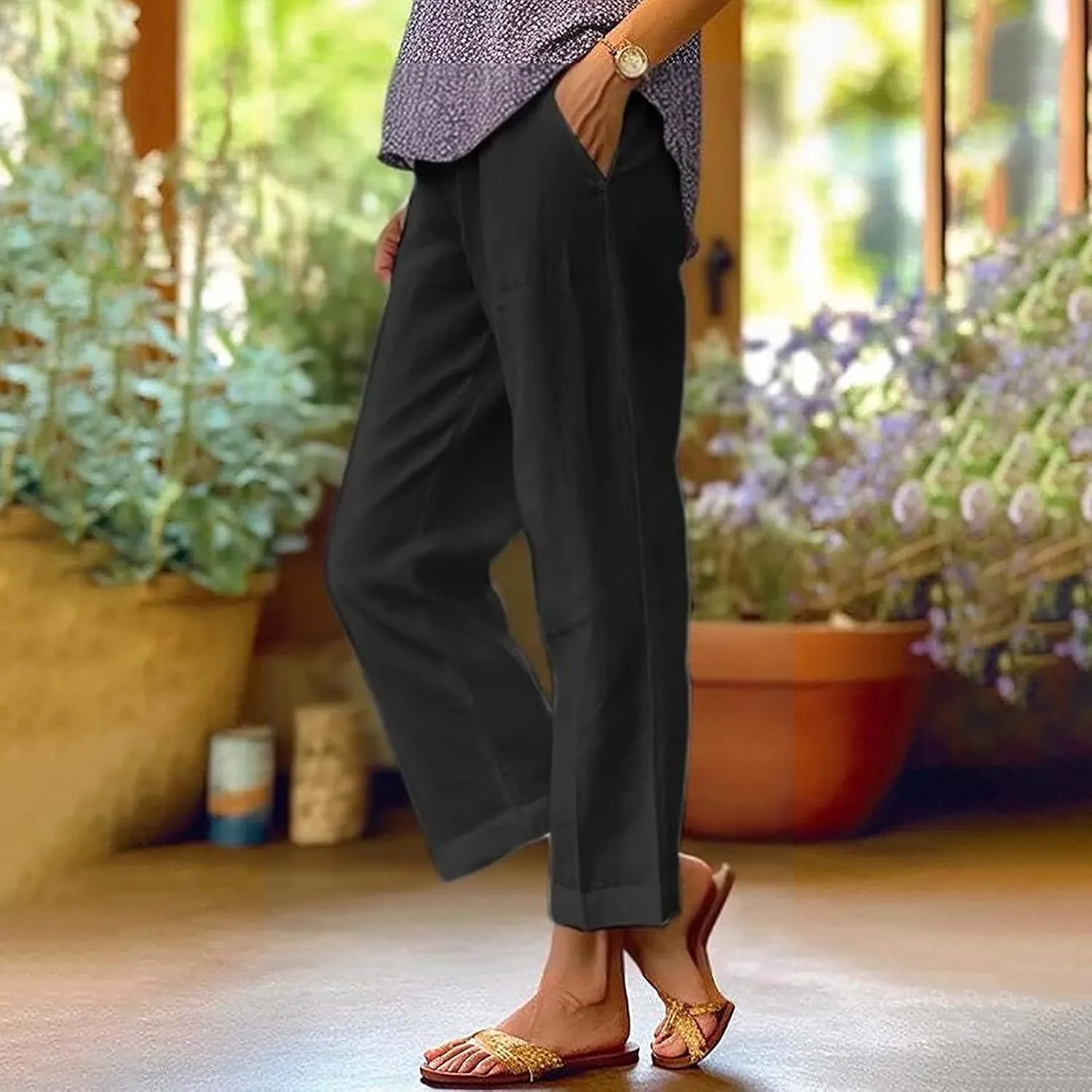 Light Weight Pants for Women Linen Pants Elastic Waist Straight Leg Plus Size Crop Pants Beach Trousers with Pockets