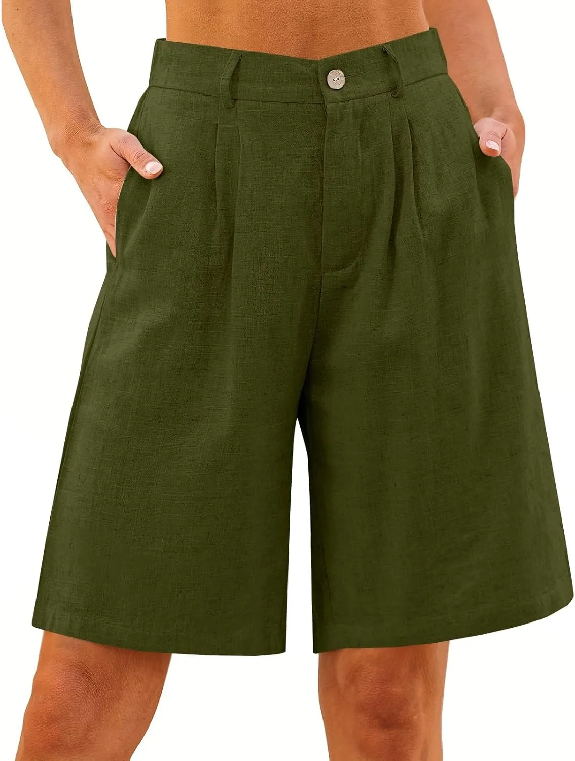 Linen Bermuda Shorts for Women Knee Length Summer High Waisted Baggy Pedal Pushers with Pockets Casual Comfy Beach Short