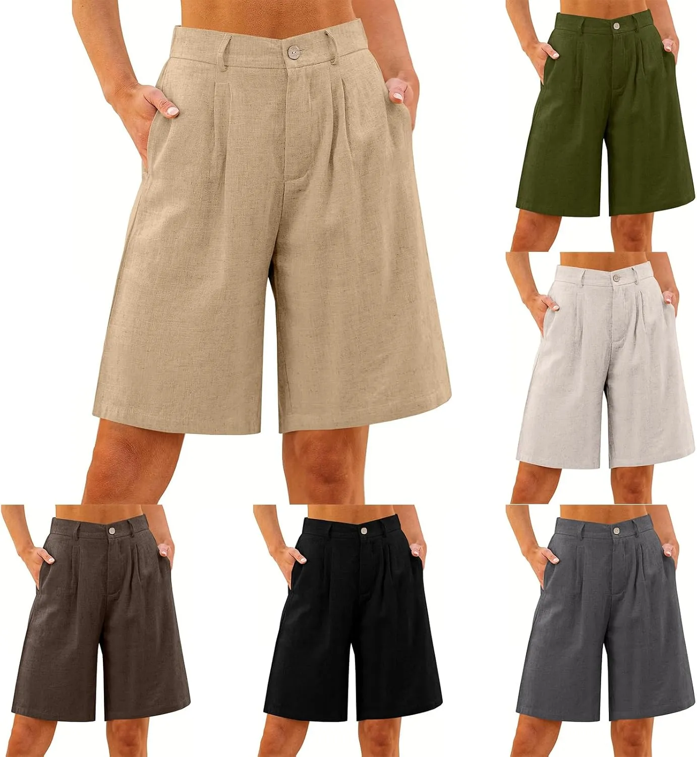 Linen Bermuda Shorts for Women Knee Length Summer High Waisted Baggy Pedal Pushers with Pockets Casual Comfy Beach Short
