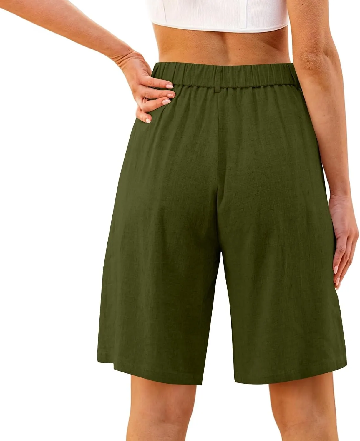 Linen Bermuda Shorts for Women Knee Length Summer High Waisted Baggy Pedal Pushers with Pockets Casual Comfy Beach Short