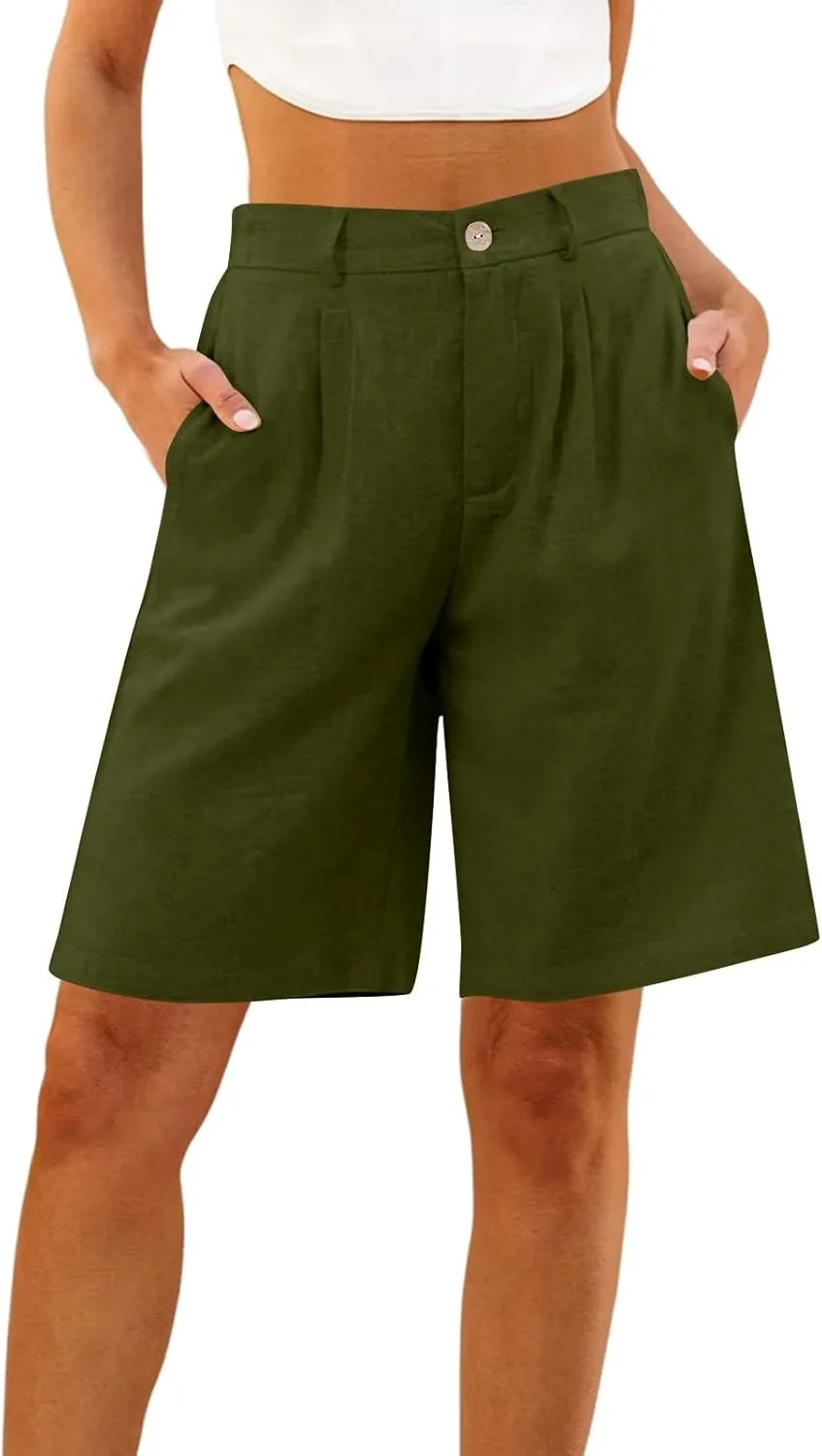 Linen Bermuda Shorts for Women Knee Length Summer High Waisted Baggy Pedal Pushers with Pockets Casual Comfy Beach Short