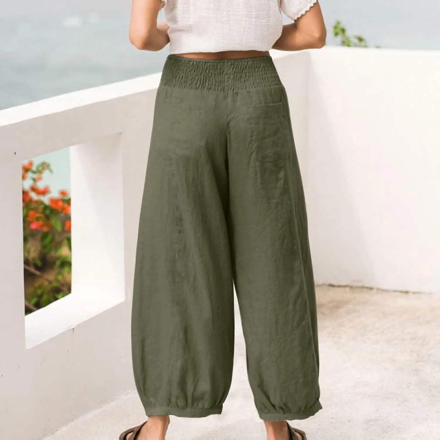 Linen Dress Pants Women Summer High Waisted Loose Fit Pants for Work Flowy Casual Harem Palazzo Trousers with Pockets