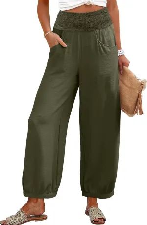 Linen Dress Pants Women Summer High Waisted Loose Fit Pants for Work Flowy Casual Harem Palazzo Trousers with Pockets