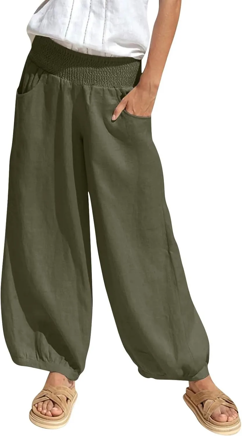 Linen Dress Pants Women Summer High Waisted Loose Fit Pants for Work Flowy Casual Harem Palazzo Trousers with Pockets