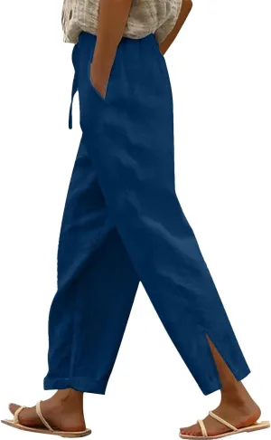 Linen Pants Casual Elastic Waist Wide Leg Pants Elastic Waist Straight Leg Cotton Linen Casual Summer Palazzo Lounge Pants