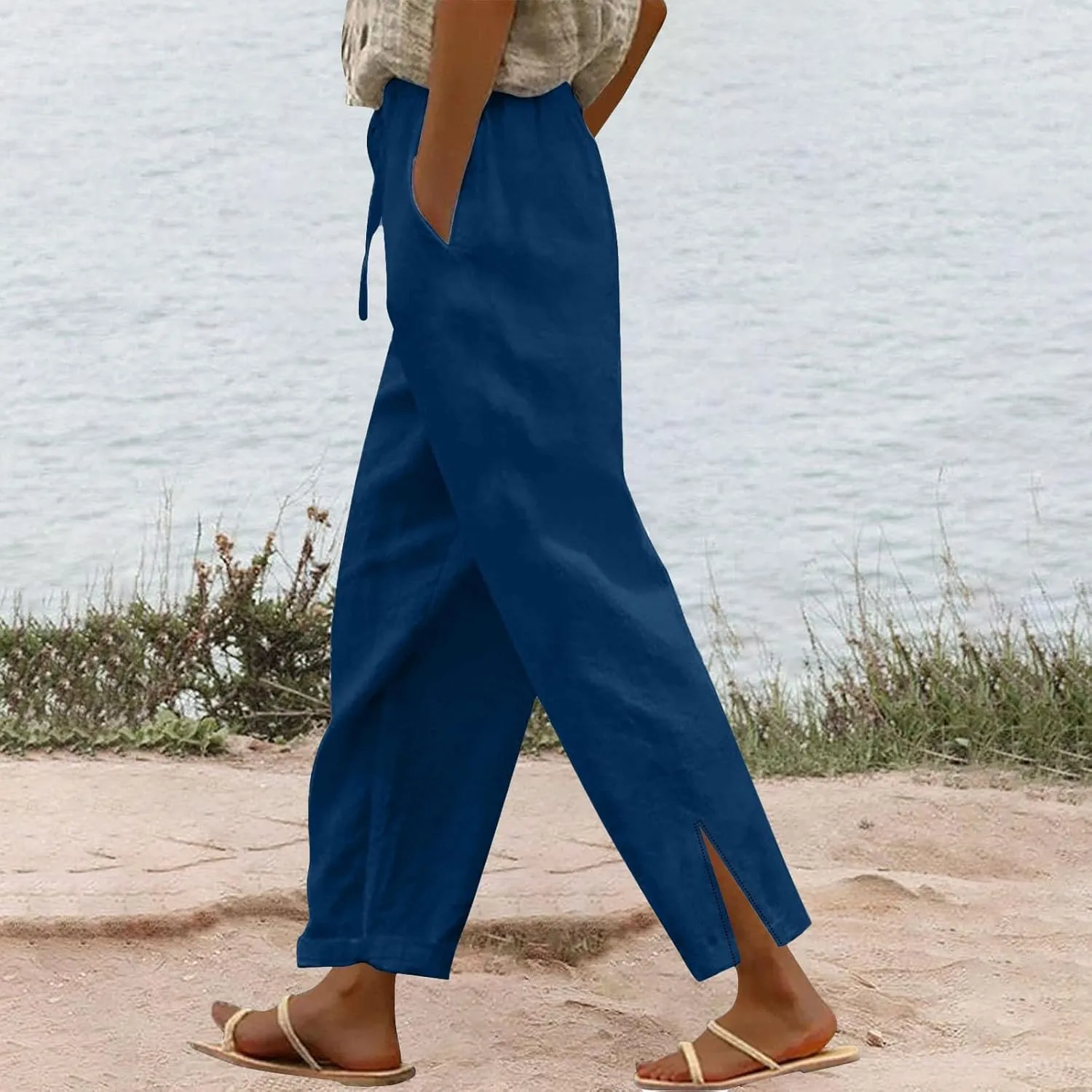 Linen Pants Casual Elastic Waist Wide Leg Pants Elastic Waist Straight Leg Cotton Linen Casual Summer Palazzo Lounge Pants