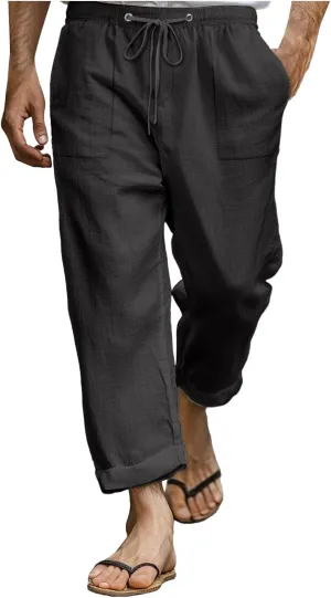Linen Pants for Men Elastic Waist Lightweight Cotton Loose fit Pants with Pocket Casual Vacation Summer Trouser