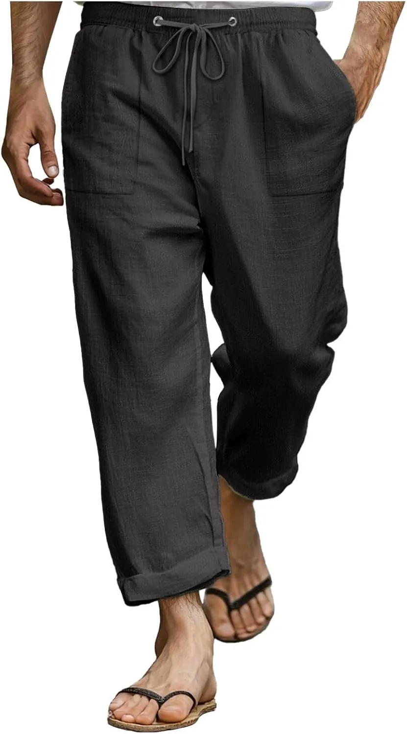 Linen Pants for Men Elastic Waist Lightweight Cotton Loose fit Pants with Pocket Casual Vacation Summer Trouser