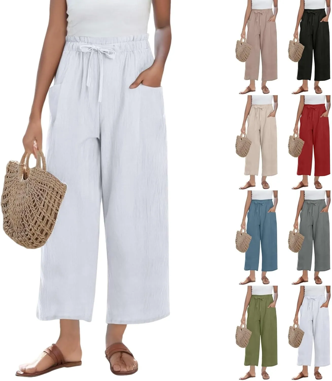 Linen Pants for Women 2025 Summer High Waist Elastic Straight Leg Lounge Palazzo Pant Lightweight Beach Trousers