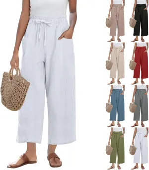 Linen Pants for Women 2025 Summer High Waist Elastic Straight Leg Lounge Palazzo Pant Lightweight Beach Trousers
