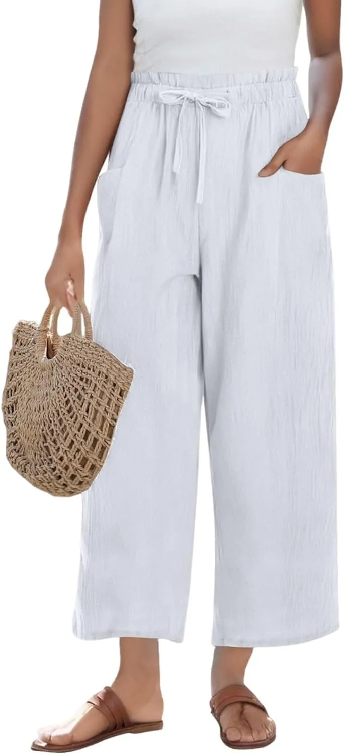 Linen Pants for Women 2025 Summer High Waist Elastic Straight Leg Lounge Palazzo Pant Lightweight Beach Trousers