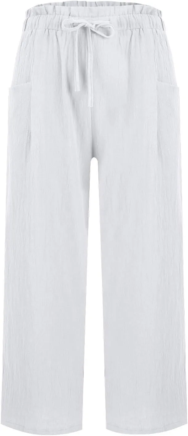 Linen Pants for Women 2025 Summer High Waist Elastic Straight Leg Lounge Palazzo Pant Lightweight Beach Trousers