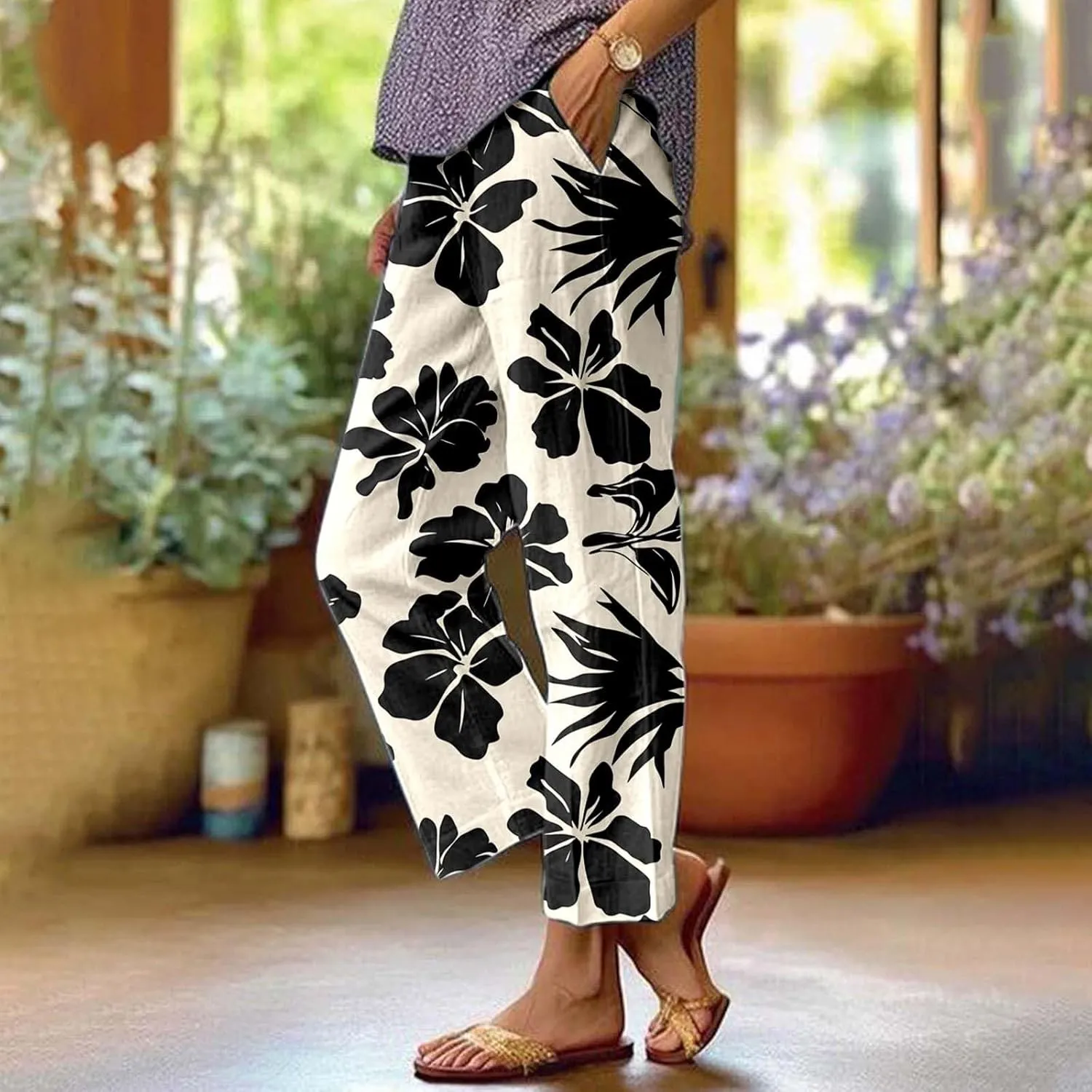 Linen Pants for Women 2025 Summer Wide Leg Boho Pants Loose Palazzo Pants Floral Pants with Drawstring and Pockets
