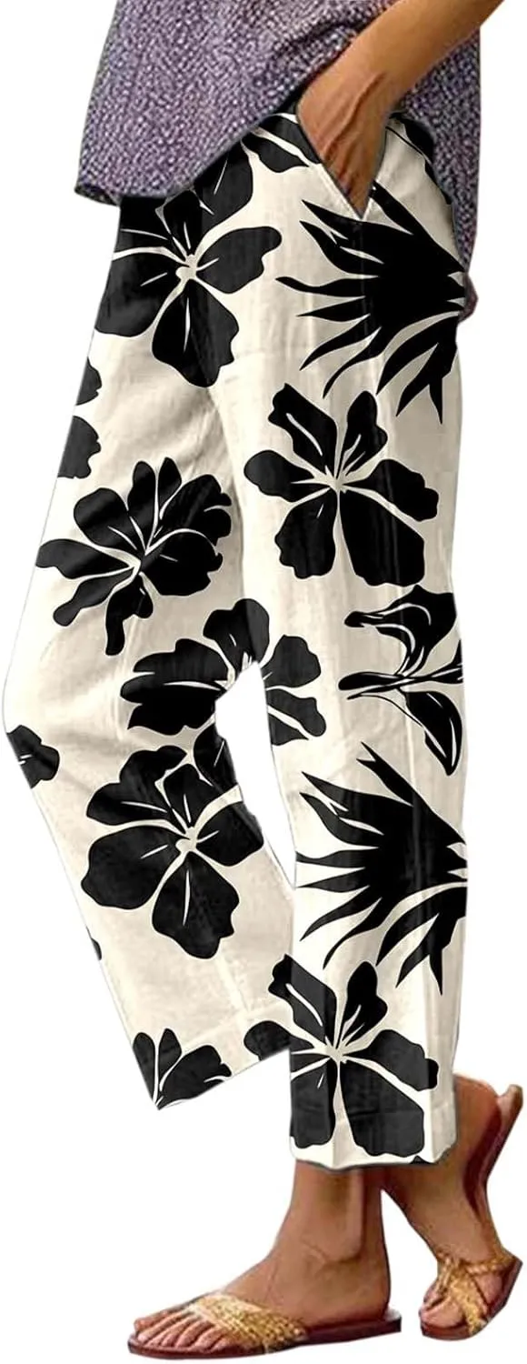 Linen Pants for Women 2025 Summer Wide Leg Boho Pants Loose Palazzo Pants Floral Pants with Drawstring and Pockets