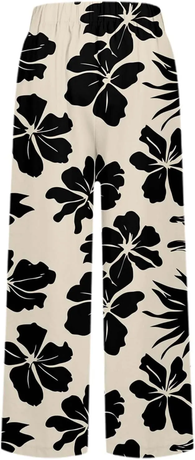 Linen Pants for Women 2025 Summer Wide Leg Boho Pants Loose Palazzo Pants Floral Pants with Drawstring and Pockets