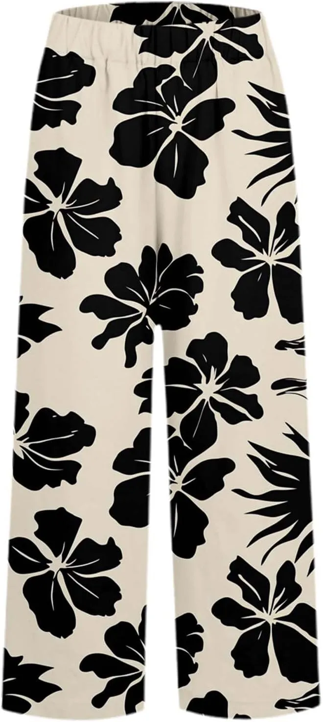Linen Pants for Women 2025 Summer Wide Leg Boho Pants Loose Palazzo Pants Floral Pants with Drawstring and Pockets