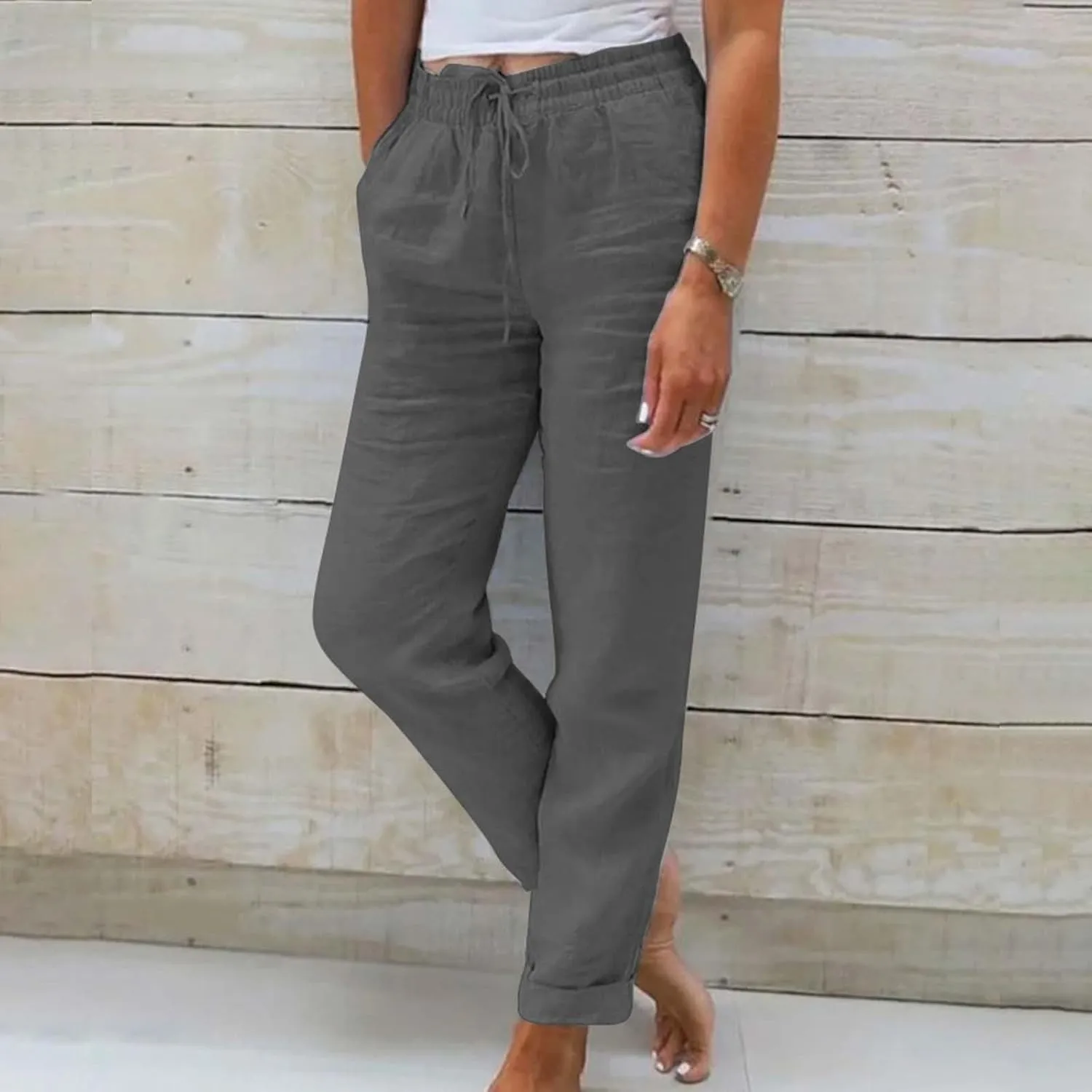Linen Pants for Women Baggy Wide Leg Pants Elastic Waist Straight Leg Casual Cotton Linen Pants Summer Outfits Lounge Sets