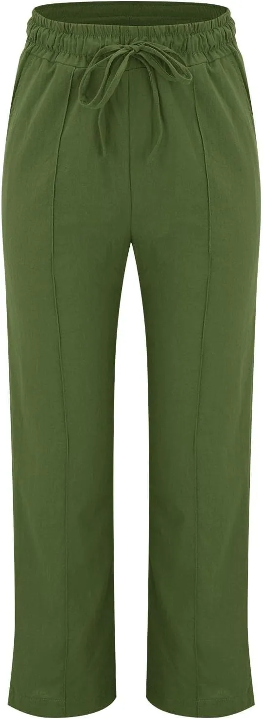 Linen Pants for Women Summer Loose Lounge Pants Drawstring Elastic Waist Trousers Pants Straight Leg Pants with Pocket