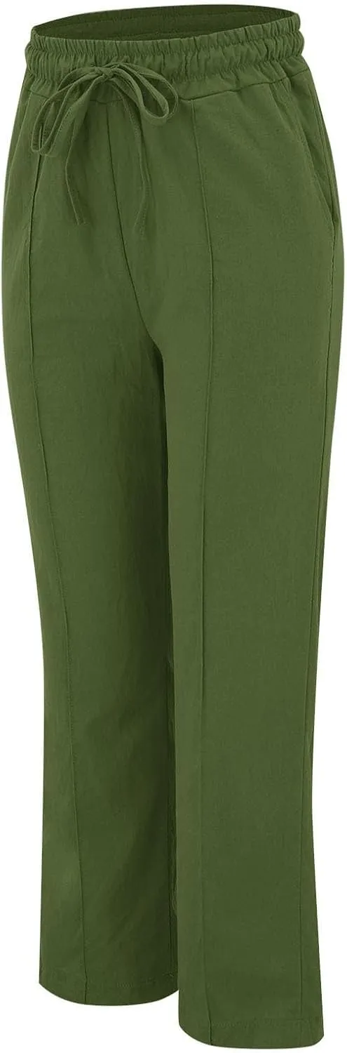 Linen Pants for Women Summer Loose Lounge Pants Drawstring Elastic Waist Trousers Pants Straight Leg Pants with Pocket