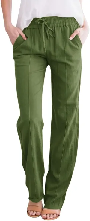 Linen Pants for Women Summer Loose Lounge Pants Drawstring Elastic Waist Trousers Pants Straight Leg Pants with Pocket