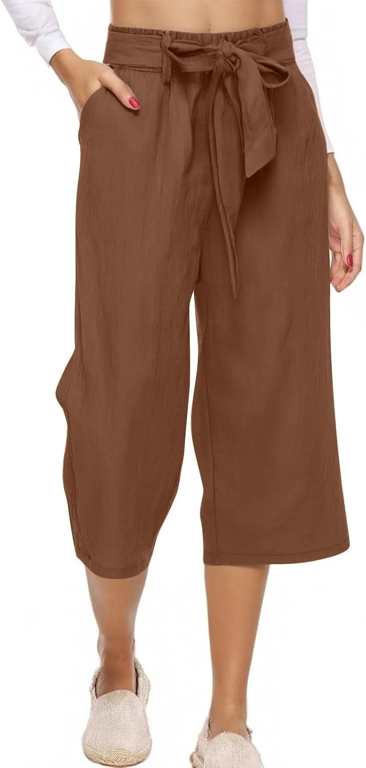 Linen Pants Women Casual High Waist Wide Leg Elastic Drawstring Pants Women with Pockets Lounge Comfy Summer Beach Trousers