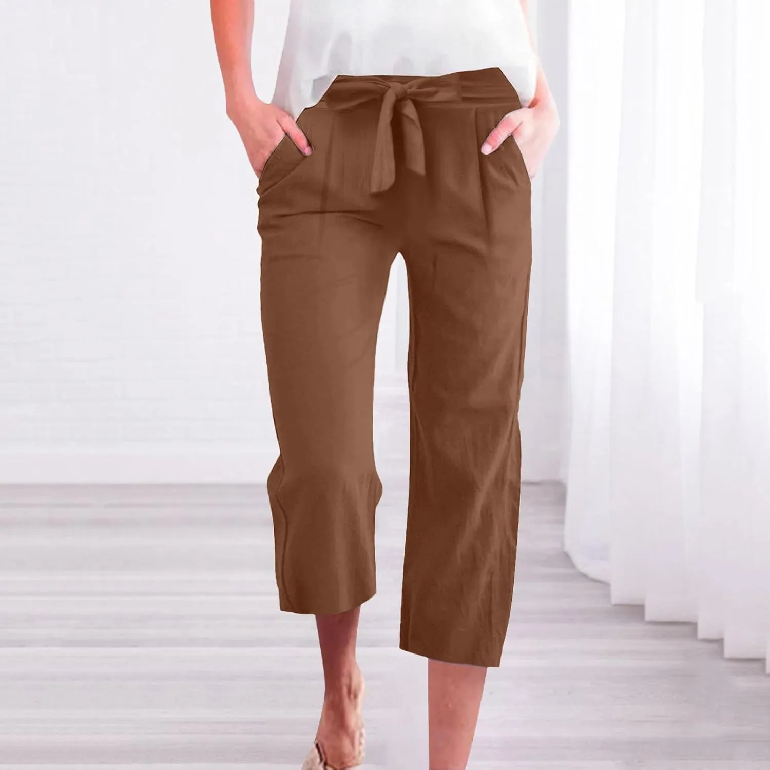 Linen Pants Women Casual High Waist Wide Leg Elastic Drawstring Pants Women with Pockets Lounge Comfy Summer Beach Trousers