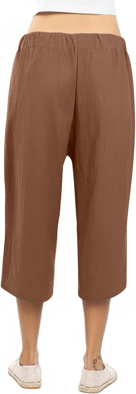 Linen Pants Women Casual High Waist Wide Leg Elastic Drawstring Pants Women with Pockets Lounge Comfy Summer Beach Trousers