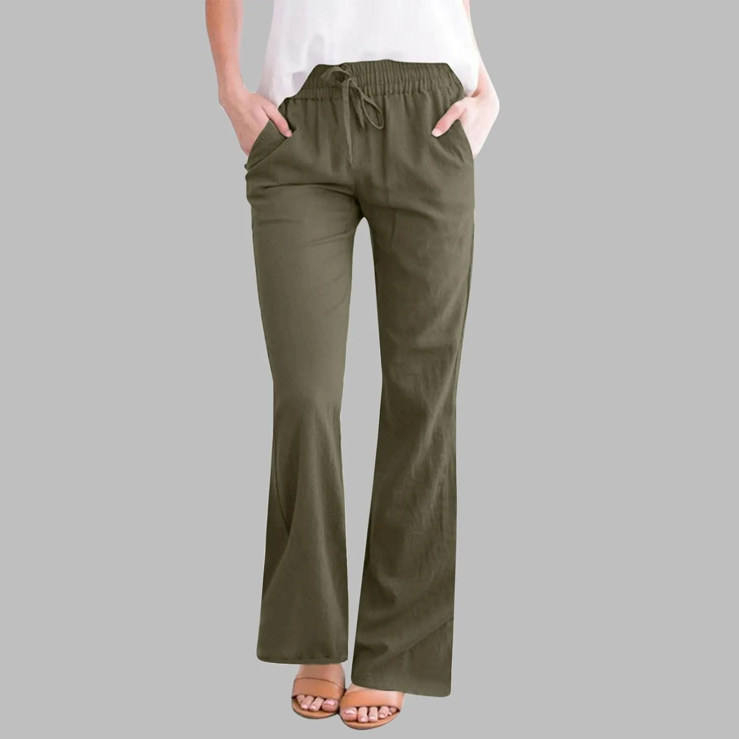 Linen Pants Women Casual Linen High Waist Pants Vacation Travel Pants Drawstring Loose Summer Trousers with Pockets