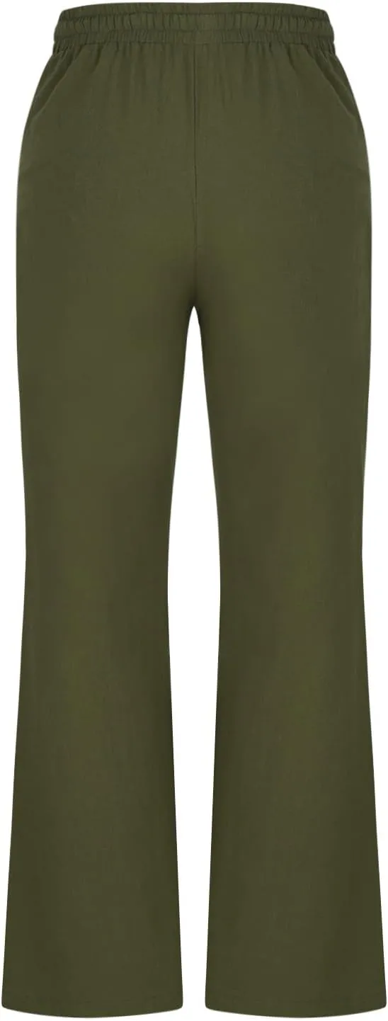 Linen Pants Women Casual Linen High Waist Pants Vacation Travel Pants Drawstring Loose Summer Trousers with Pockets