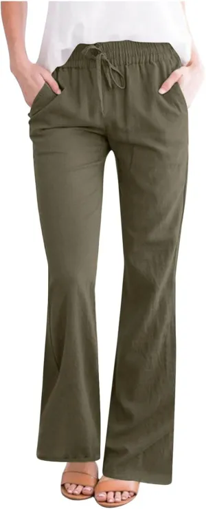 Linen Pants Women Casual Linen High Waist Pants Vacation Travel Pants Drawstring Loose Summer Trousers with Pockets