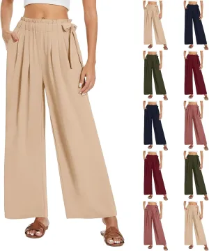 Linen Pants Women High Waisted Flowy Wide Leg Pants Summer Trendy Tie Knot Palazzo Pant Casual Dress Pant