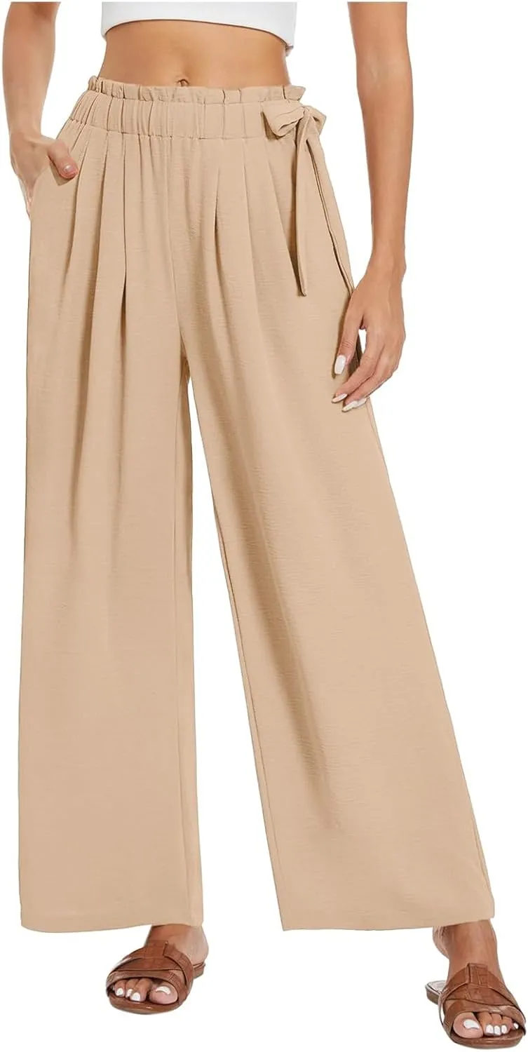 Linen Pants Women High Waisted Flowy Wide Leg Pants Summer Trendy Tie Knot Palazzo Pant Casual Dress Pant