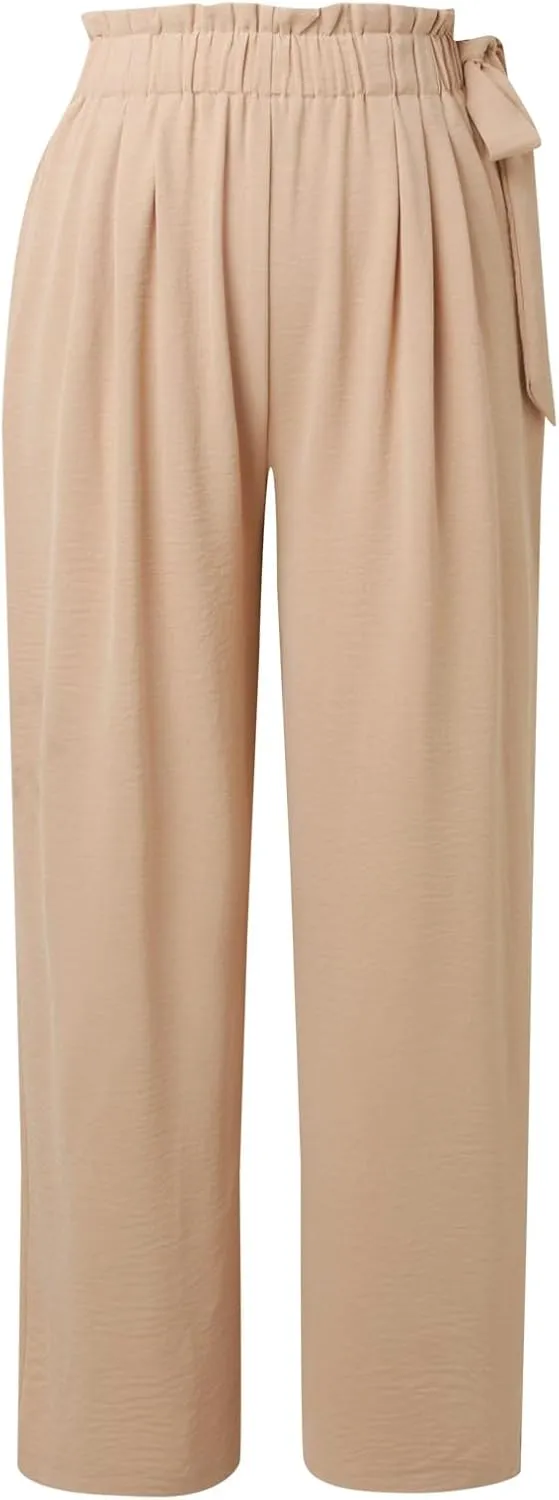 Linen Pants Women High Waisted Flowy Wide Leg Pants Summer Trendy Tie Knot Palazzo Pant Casual Dress Pant