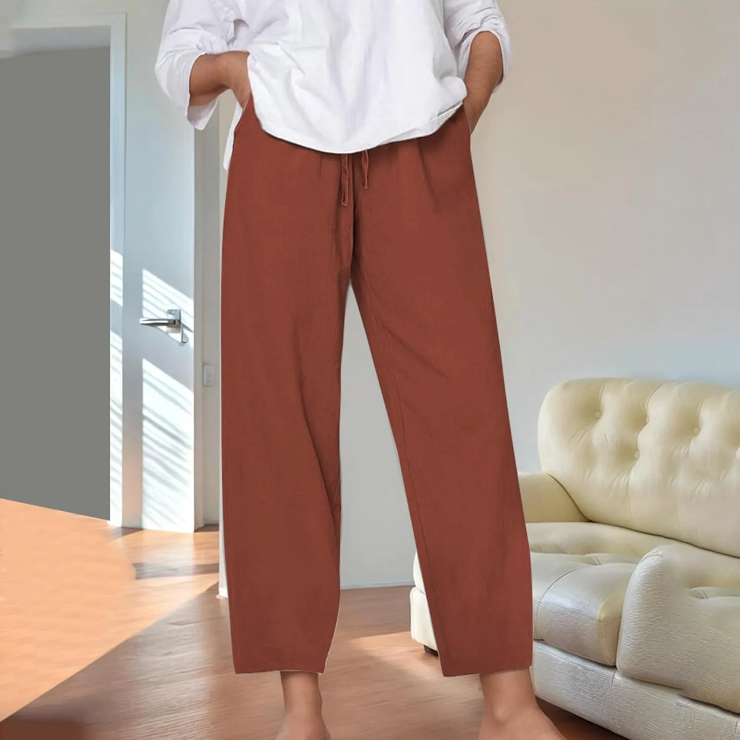 Linen Pants Women Loose Fit Summer Casual Solid Color Boho Plus Size High Waist Linen Pants Cotton Comfy Lounge Trousers