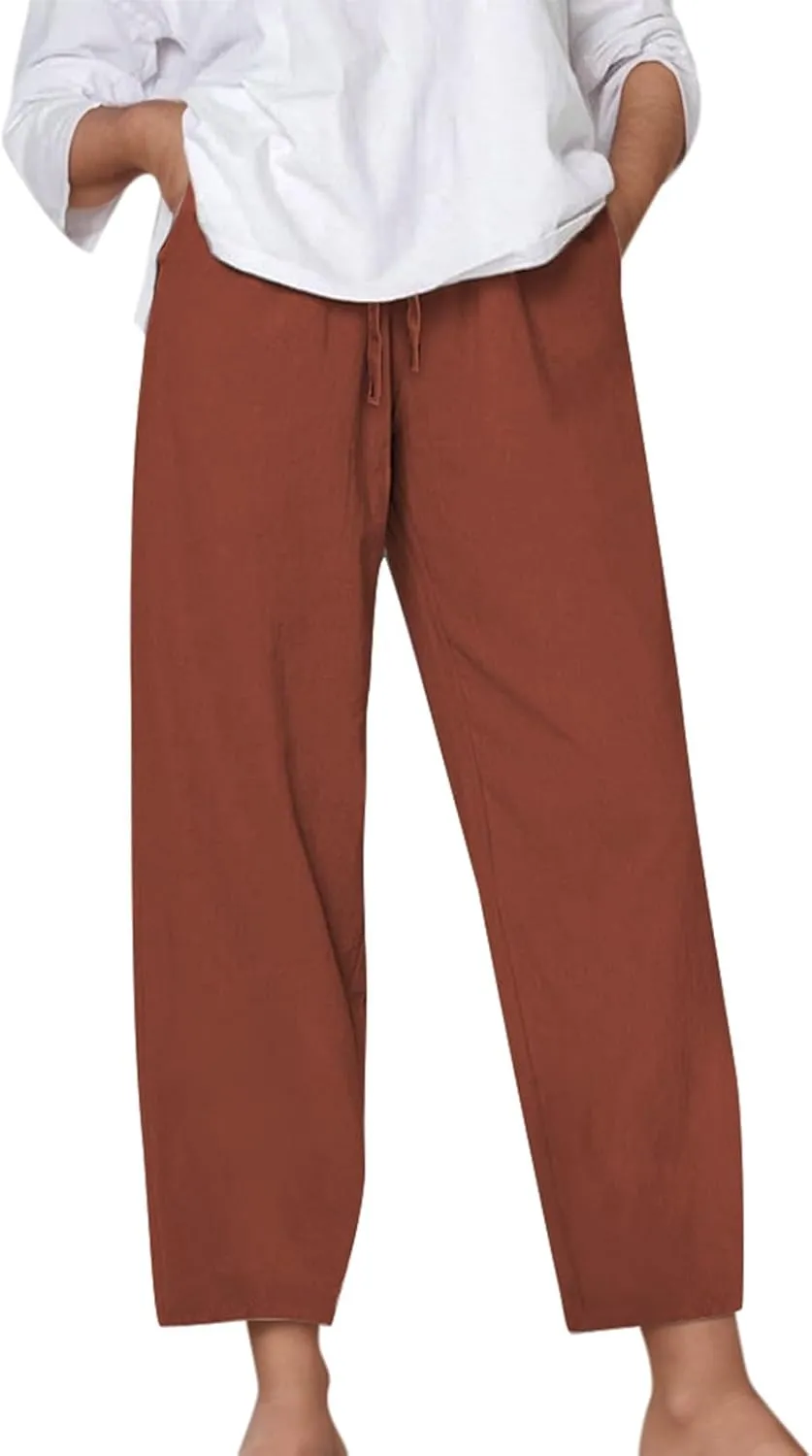 Linen Pants Women Loose Fit Summer Casual Solid Color Boho Plus Size High Waist Linen Pants Cotton Comfy Lounge Trousers