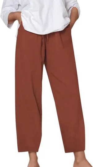 Linen Pants Women Loose Fit Summer Casual Solid Color Boho Plus Size High Waist Linen Pants Cotton Comfy Lounge Trousers