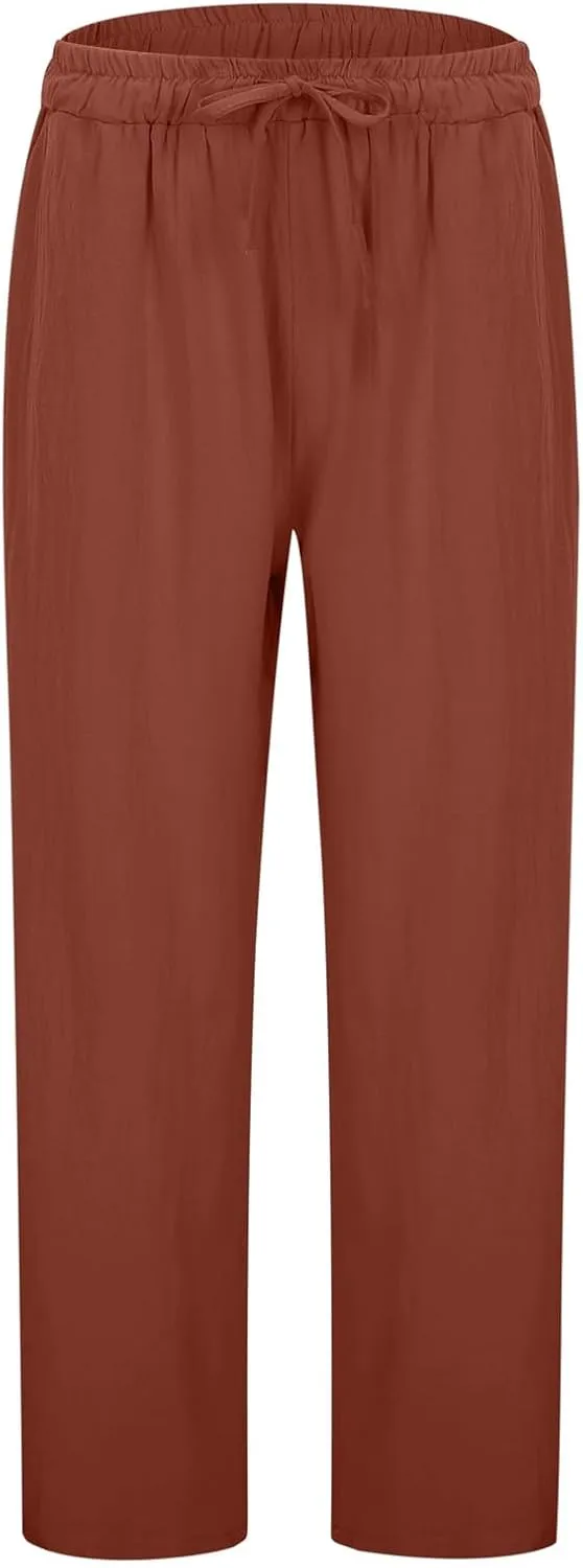 Linen Pants Women Loose Fit Summer Casual Solid Color Boho Plus Size High Waist Linen Pants Cotton Comfy Lounge Trousers