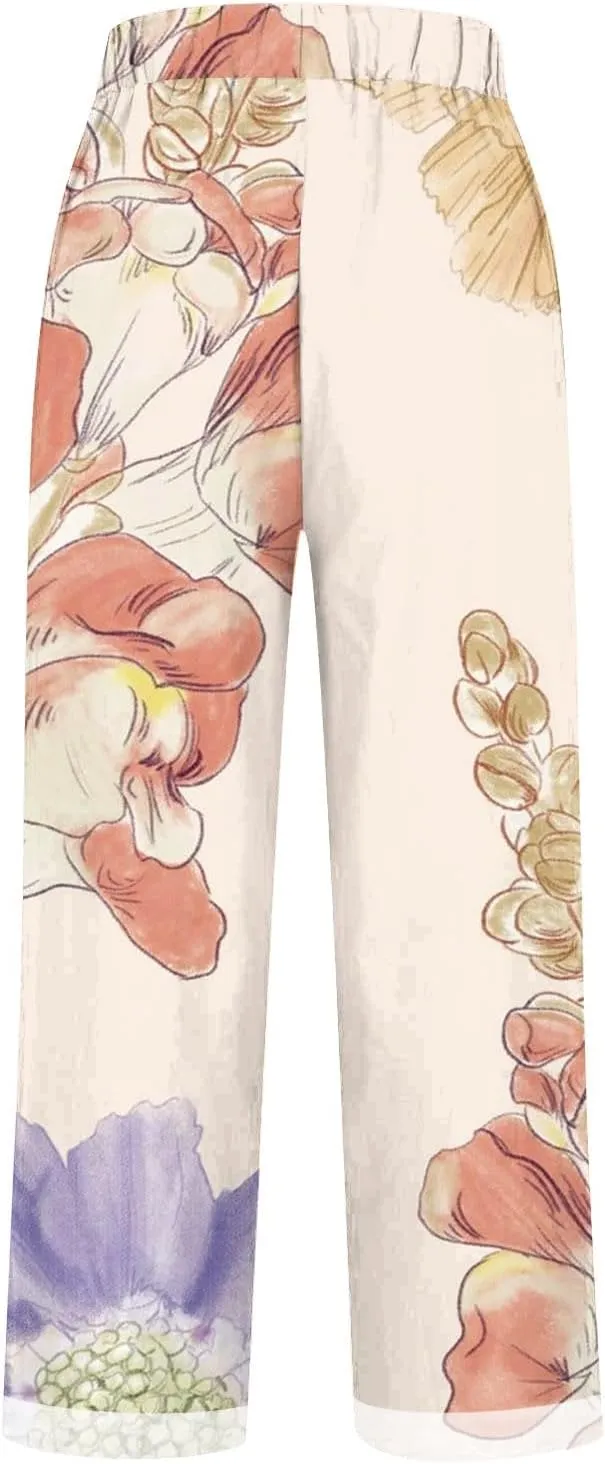 Linen Pants Women Pocket Floral Cotton Linen Casual Pants Flowy Wide Leg Beach Pants with Pockets High Waist Linen