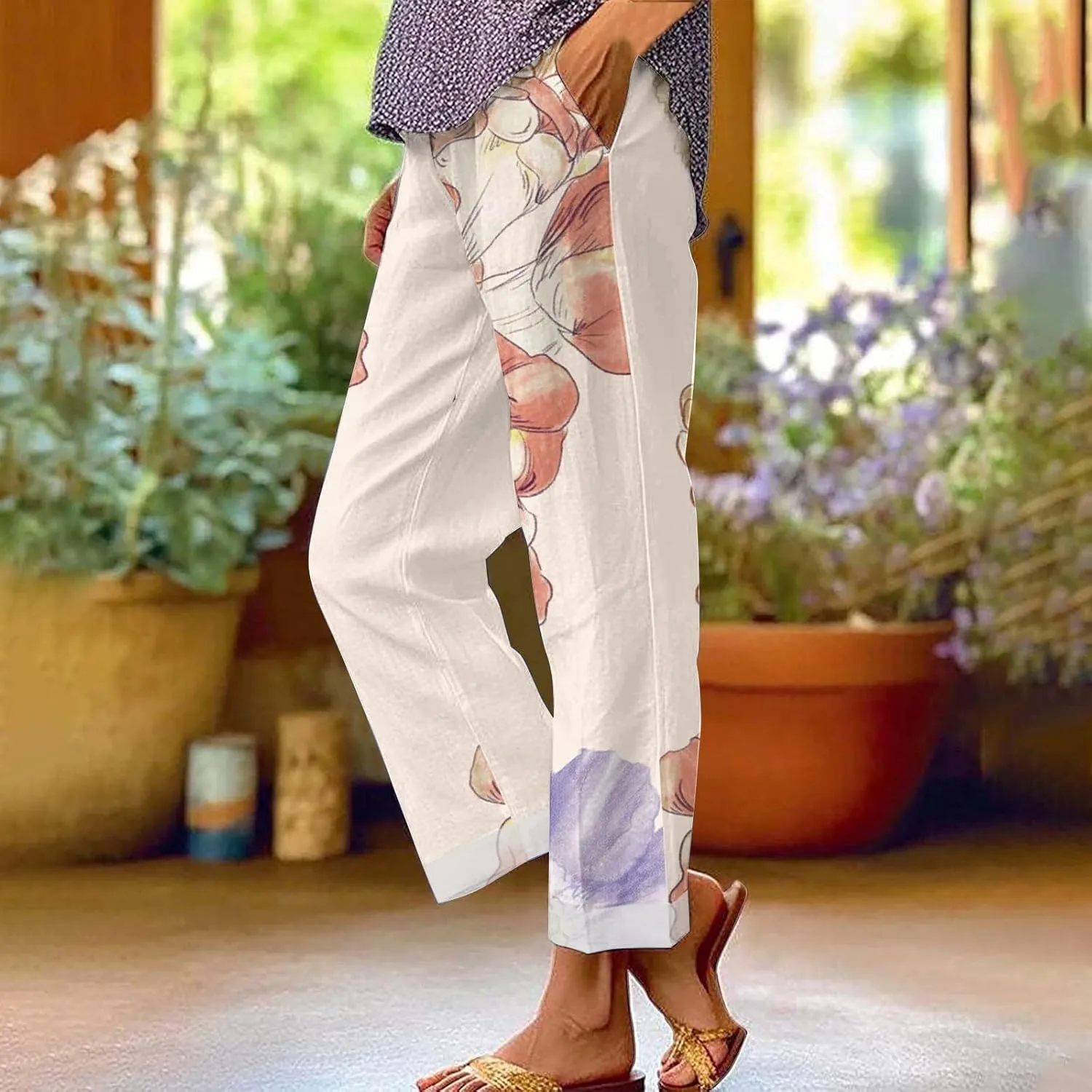 Linen Pants Women Pocket Floral Cotton Linen Casual Pants Flowy Wide Leg Beach Pants with Pockets High Waist Linen